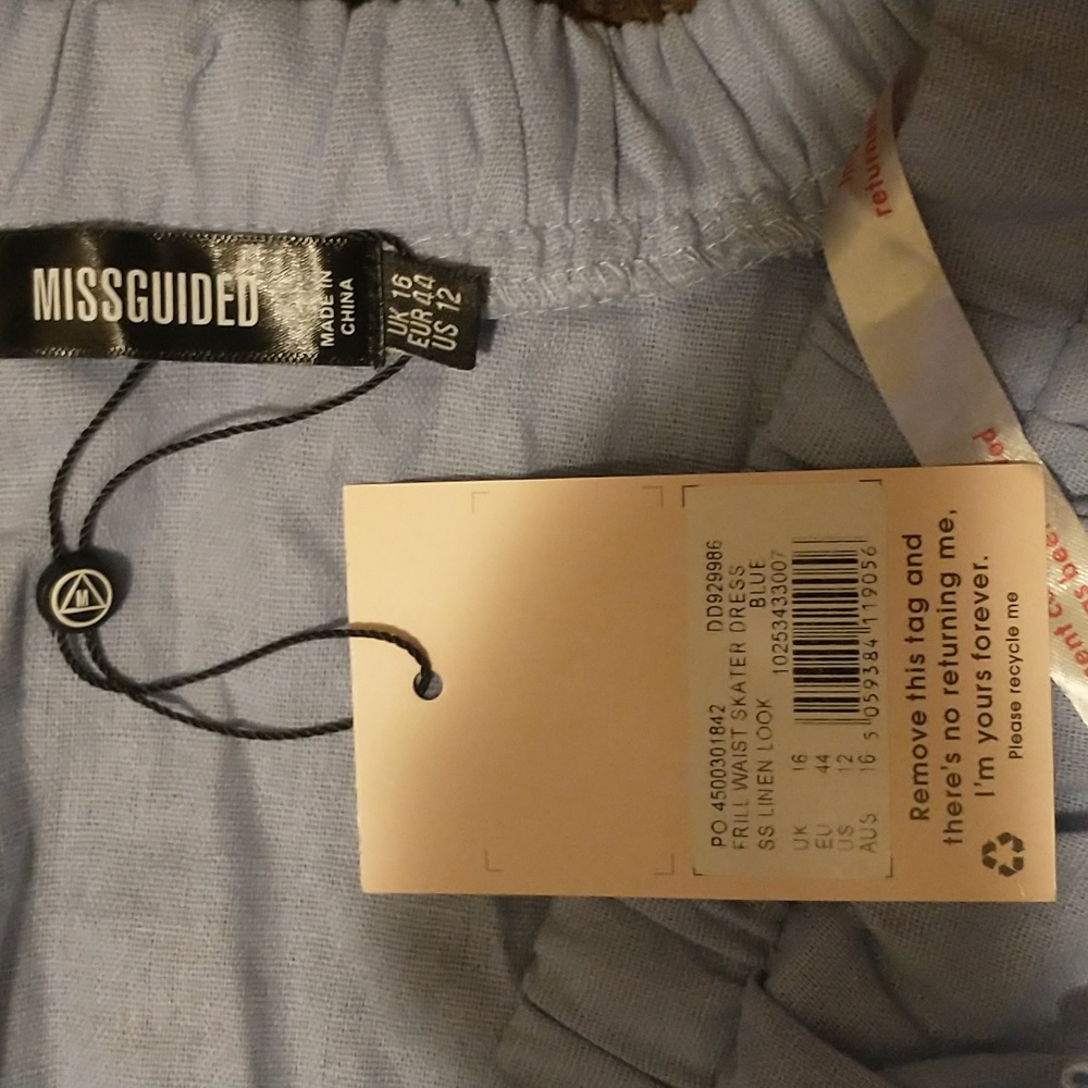 Missguided Poplin Frill Waist Skater Dress SS Linen Look Blue V-neck Puff Sleeve - Picture 8 of 10
